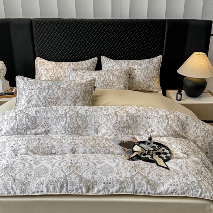 91家纺网 家纺一手货源 找家纺 （总）芊寻家居 2025春夏新款50支莱赛尔天丝贡缎数码印花麻绳款四件套高端礼盒