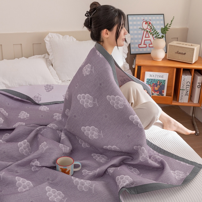 91家纺网 家纺一手货源 找家纺 2025新款A类纯棉针织三层纱提花多功能毯 紫色-葡萄