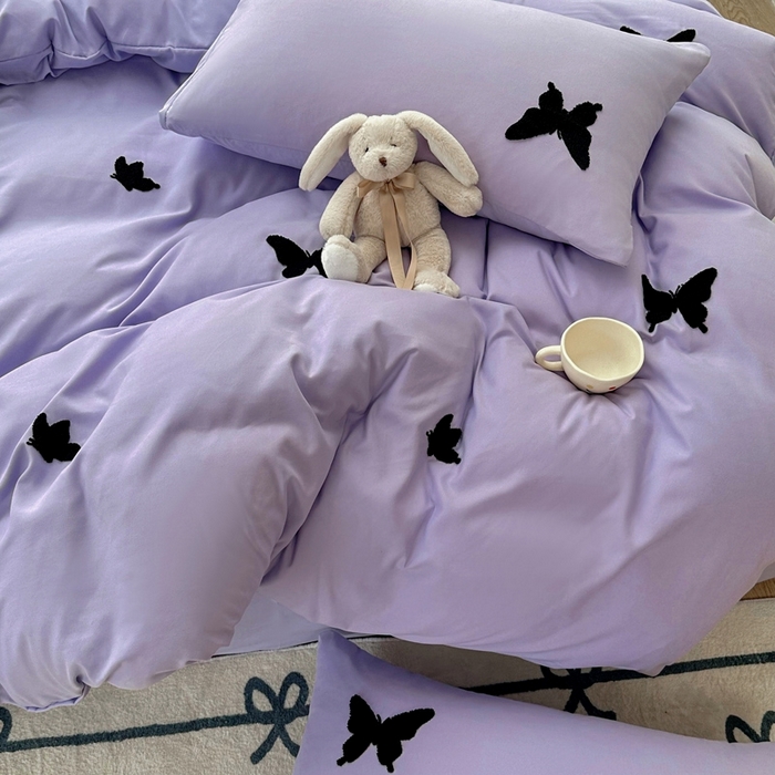 91家纺网 家纺一手货源 找家纺 迪拜家纺 2025新款加厚水洗棉四件套-蝴蝶 蝴蝶-紫