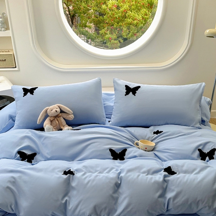 91家纺网 家纺一手货源 找家纺 迪拜家纺 2025新款加厚水洗棉四件套-蝴蝶 蝴蝶-蓝