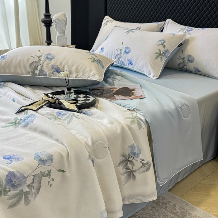 91家纺网 家纺一手货源 找家纺 洺兰家居 2025春夏新款100支莱赛尔天丝贡缎数码印花麻绳款四件套高端礼盒 流年兰