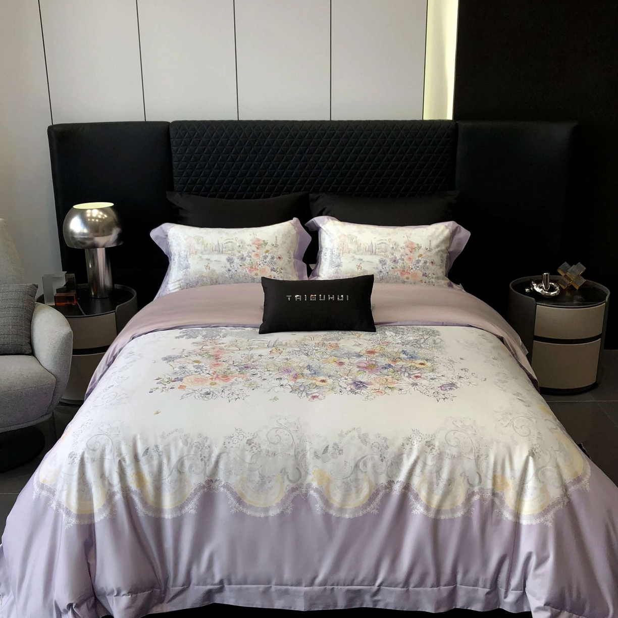 91家纺网 家纺一手货源 找家纺 2025新款高支高密长绒棉大版数码印花双拼系列四件套【券后不低于388】 露西娅-烟紫