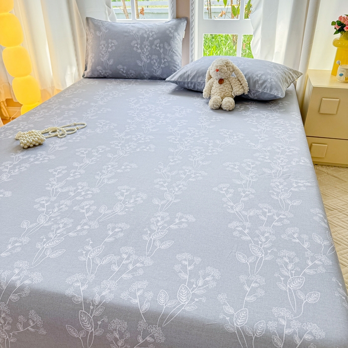 91家纺网 家纺一手货源 找家纺 2025新款老粗布三件套-床笠款 叶相思