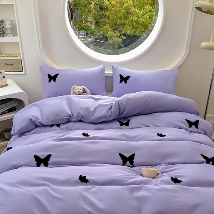 91家纺网 家纺一手货源 找家纺 迪拜家纺 2025新款加厚水洗棉四件套-蝴蝶 蝴蝶-紫