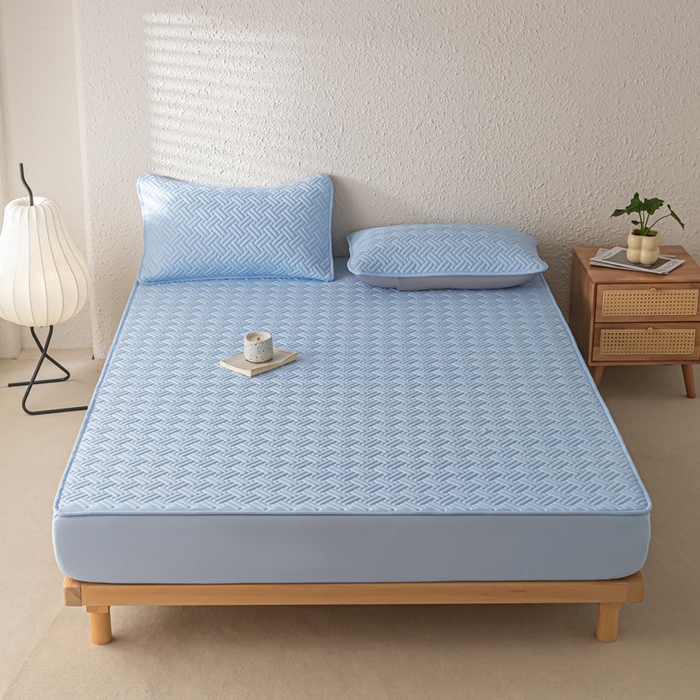 91家纺网 家纺一手货源 找家纺 欧邦 2025新款四季款纯色水洗棉夹棉床笠床垫保护罩-场景一 条格-天蓝