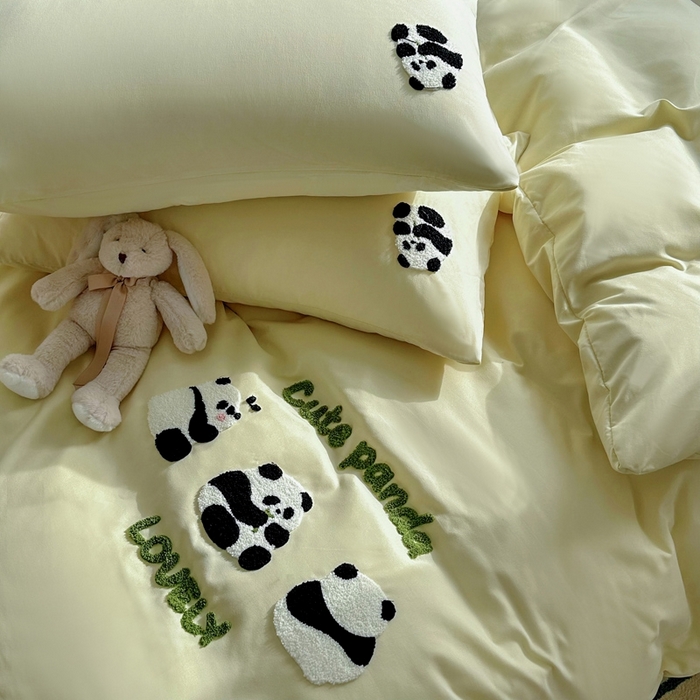 91家纺网 家纺一手货源 找家纺 易展家居 2025新款加厚水洗棉四件套-熊猫 春黄