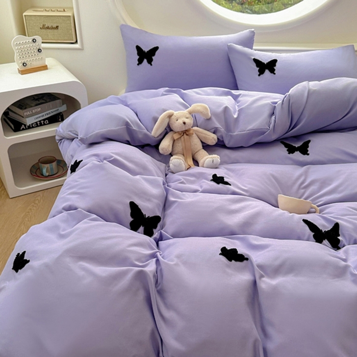91家纺网 家纺一手货源 找家纺 迪拜家纺 2025新款加厚水洗棉四件套-蝴蝶 蝴蝶-紫