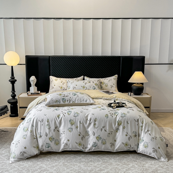 91家纺网 家纺一手货源 找家纺 芊寻家居 2025春夏新款50支莱赛尔天丝贡缎数码印花麻绳款四件套高端礼盒 花意盈香灰