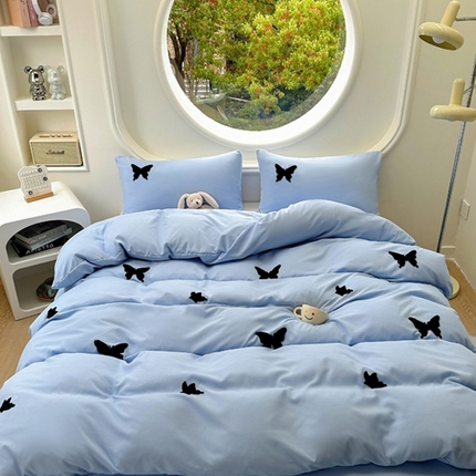 91家纺网 家纺一手货源 找家纺 迪拜家纺 2025新款加厚水洗棉四件套-蝴蝶 蝴蝶-蓝
