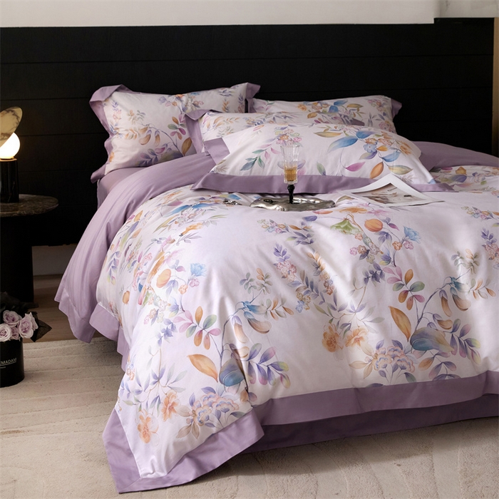 91家纺网 家纺一手货源 找家纺 宏羽纺家纺 2025年高支高密大版数码印花春夏新品 花家境-风铃紫