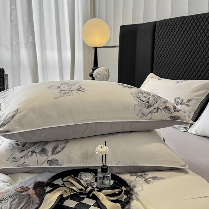 91家纺网 家纺一手货源 找家纺 芊寻家居 2025春夏新款50支莱赛尔天丝贡缎数码印花麻绳款四件套高端礼盒 瑰丽灰