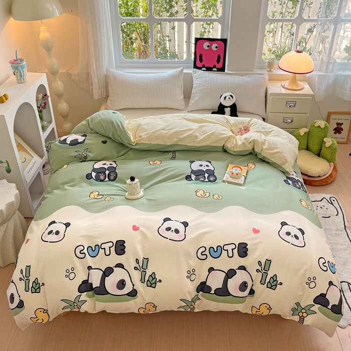 91家纺网 家纺一手货源 找家纺 依庭 2025新款全棉印花花卉款四件套单品系列-单被套 熊猫戏水