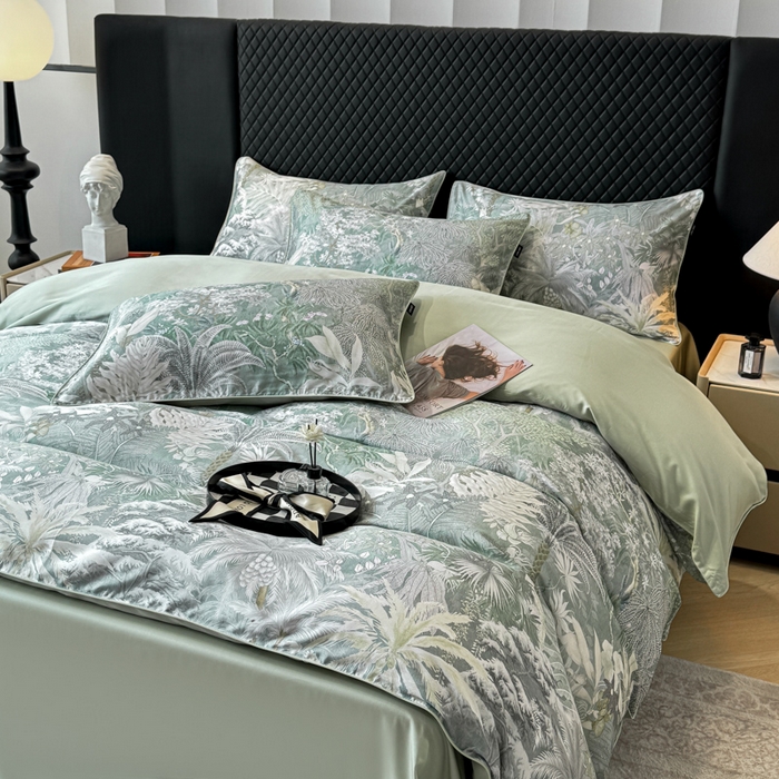 91家纺网 家纺一手货源 找家纺 洺兰家居 2025春夏新款100支莱赛尔天丝贡缎数码印花麻绳款四件套高端礼盒 阡陌丛林灰