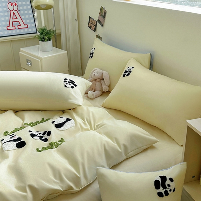 91家纺网 家纺一手货源 找家纺 易展家居 2025新款加厚水洗棉四件套-熊猫 春黄