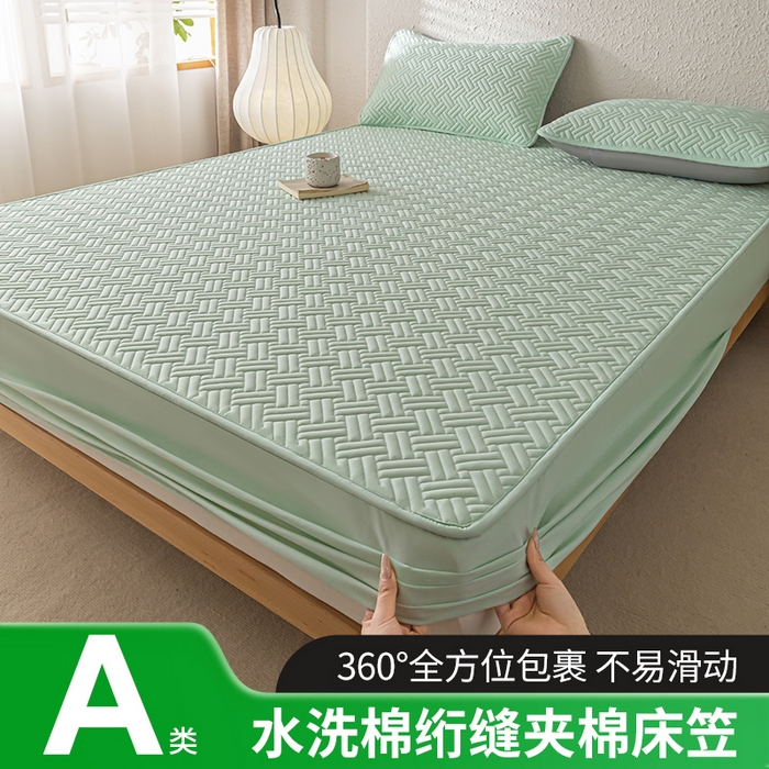 91家纺网 家纺一手货源 找家纺 欧邦 2025新款四季款纯色水洗棉夹棉床笠床垫保护罩-场景一 条格-水绿