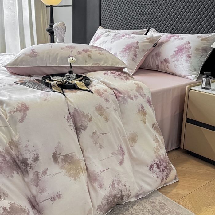 91家纺网 家纺一手货源 找家纺 洺兰家居 2025春夏新款100支莱赛尔天丝贡缎数码印花麻绳款四件套高端礼盒 魅影粉