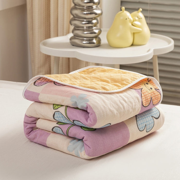 91家纺网 家纺一手货源 找家纺 乐家毛巾被（工厂自产自销） 2025新款A类全棉六层纱印花毛巾被 格子花花