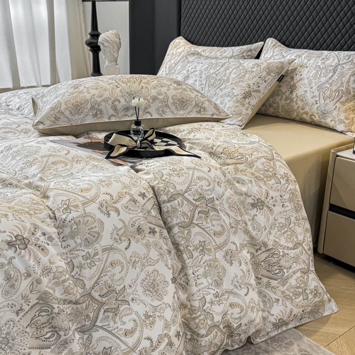 91家纺网 家纺一手货源 找家纺 芊寻家居 2025春夏新款50支莱赛尔天丝贡缎数码印花麻绳款四件套高端礼盒 伯爵咖