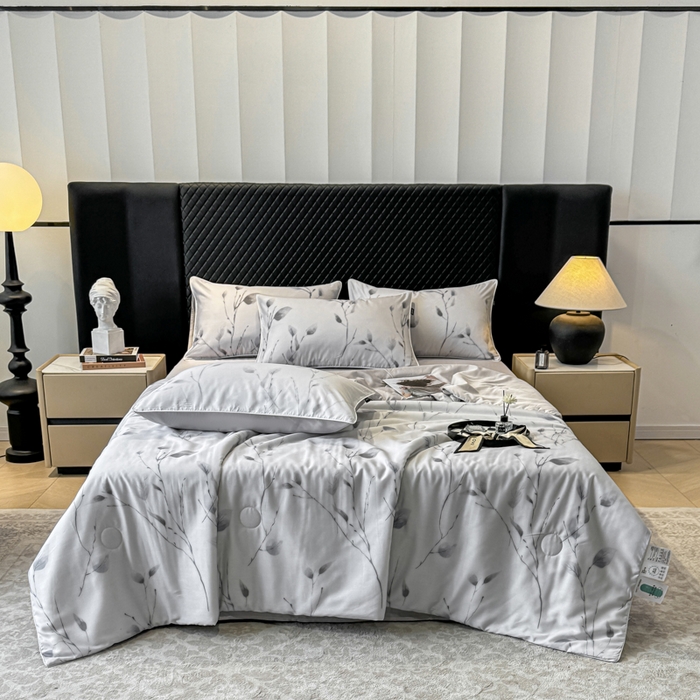 91家纺网 家纺一手货源 找家纺 洺兰家居 2025春夏新款100支莱赛尔天丝贡缎数码印花麻绳款四件套高端礼盒 静谧灰