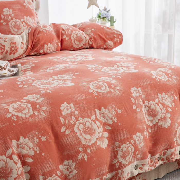 91家纺网 家纺一手货源 找家纺 鲁爱家纺供货 2025新款全棉色织双层纱纽扣款四件套 云纱-桔红