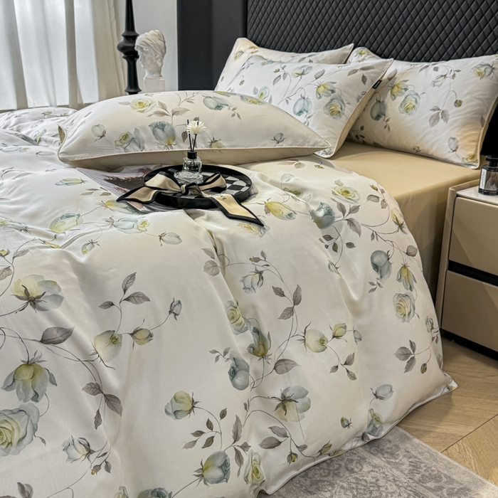 91家纺网 家纺一手货源 找家纺 芊寻家居 2025春夏新款50支莱赛尔天丝贡缎数码印花麻绳款四件套高端礼盒 花意盈香灰