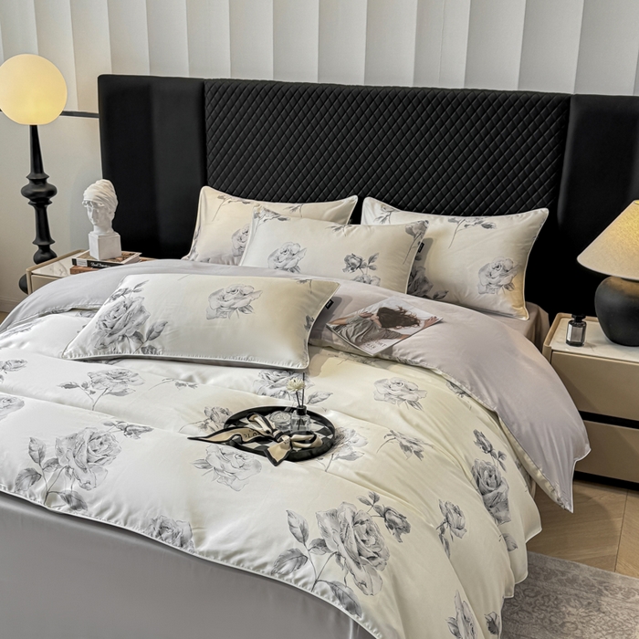 91家纺网 家纺一手货源 找家纺 芊寻家居 2025春夏新款50支莱赛尔天丝贡缎数码印花麻绳款四件套高端礼盒 瑰丽灰