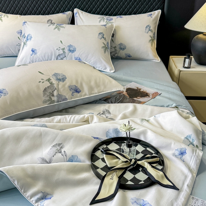 91家纺网 家纺一手货源 找家纺 洺兰家居 2025春夏新款100支莱赛尔天丝贡缎数码印花麻绳款四件套高端礼盒 流年兰