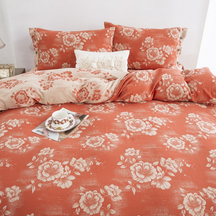 91家纺网 家纺一手货源 找家纺 鲁爱家纺供货 2025新款全棉色织双层纱纽扣款四件套 云纱-桔红