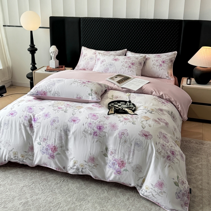 91家纺网 家纺一手货源 找家纺 洺兰家居 2025春夏新款100支莱赛尔天丝贡缎数码印花麻绳款四件套高端礼盒 春晓紫