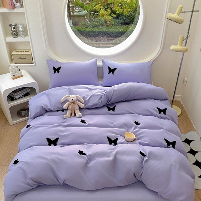 91家纺网 家纺一手货源 找家纺 迪拜家纺 2025新款加厚水洗棉四件套-蝴蝶 蝴蝶-紫