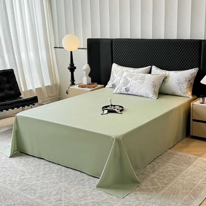 91家纺网 家纺一手货源 找家纺 芊寻家居 2025春夏新款50支莱赛尔天丝贡缎数码印花麻绳款四件套高端礼盒 翠影绿