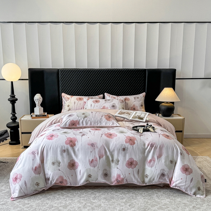 91家纺网 家纺一手货源 找家纺 芊寻家居 2025春夏新款50支莱赛尔天丝贡缎数码印花麻绳款四件套高端礼盒 花仙子粉