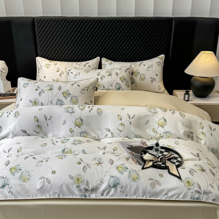 91家纺网 家纺一手货源 找家纺 洺兰家居 2025春夏新款100支莱赛尔天丝贡缎数码印花麻绳款四件套高端礼盒 花意盈香灰