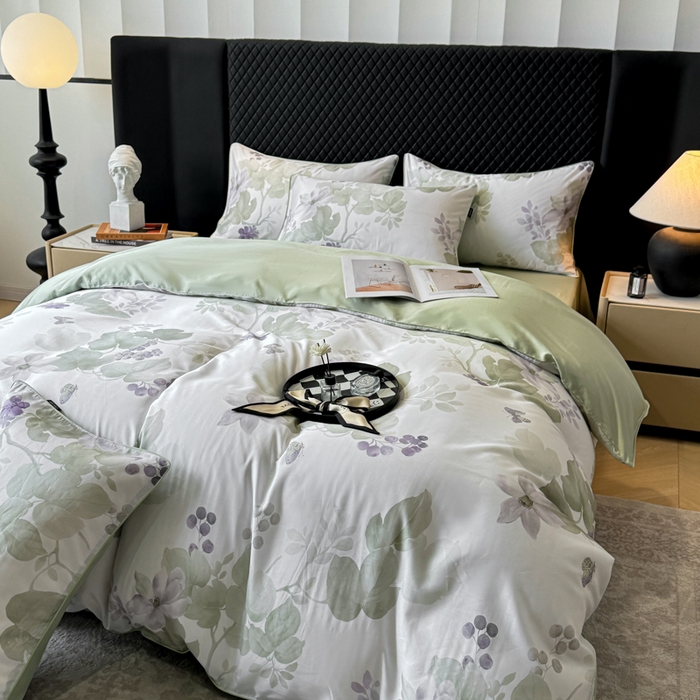 91家纺网 家纺一手货源 找家纺 芊寻家居 2025春夏新款50支莱赛尔天丝贡缎数码印花麻绳款四件套高端礼盒 翠影绿