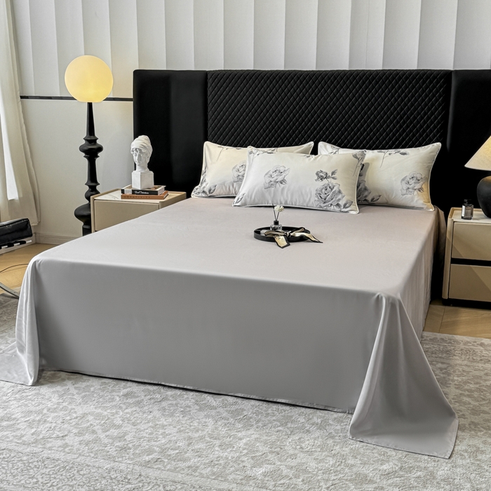 91家纺网 家纺一手货源 找家纺 洺兰家居 2025春夏新款100支莱赛尔天丝贡缎数码印花麻绳款四件套高端礼盒 瑰丽灰