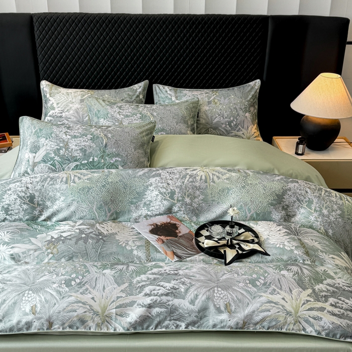 91家纺网 家纺一手货源 找家纺 洺兰家居 2025春夏新款100支莱赛尔天丝贡缎数码印花麻绳款四件套高端礼盒 阡陌丛林灰