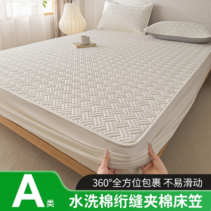 91家纺网 家纺一手货源 找家纺 欧邦 2025新款四季款纯色水洗棉夹棉床笠床垫保护罩-场景一 条格-本白