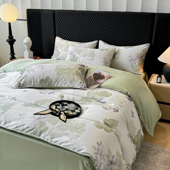 91家纺网 家纺一手货源 找家纺 洺兰家居 2025春夏新款100支莱赛尔天丝贡缎数码印花麻绳款四件套高端礼盒 翠影绿