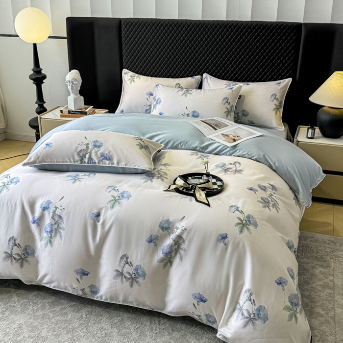 91家纺网 家纺一手货源 找家纺 芊寻家居 2025春夏新款50支莱赛尔天丝贡缎数码印花麻绳款四件套高端礼盒 流年兰