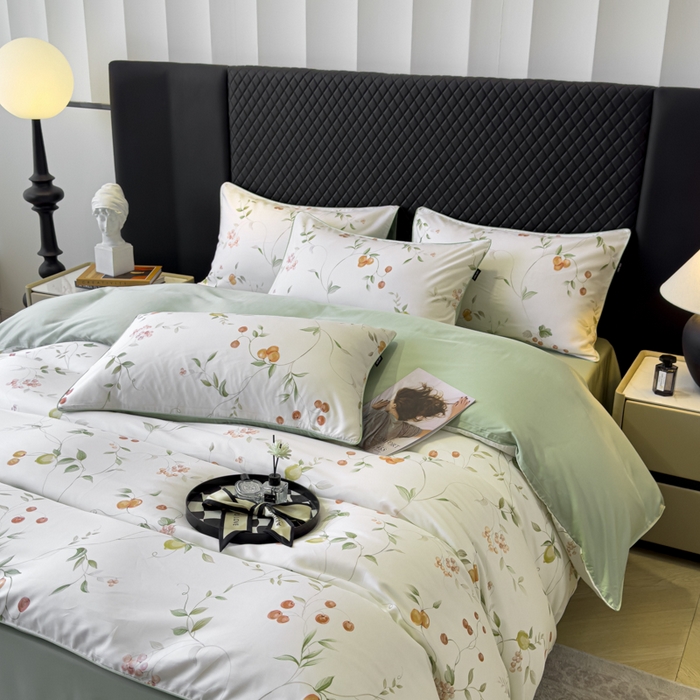 91家纺网 家纺一手货源 找家纺 洺兰家居 2025春夏新款100支莱赛尔天丝贡缎数码印花麻绳款四件套高端礼盒 果蔓白