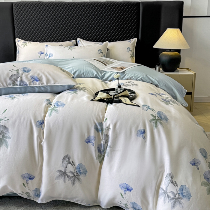 91家纺网 家纺一手货源 找家纺 洺兰家居 2025春夏新款100支莱赛尔天丝贡缎数码印花麻绳款四件套高端礼盒 流年兰