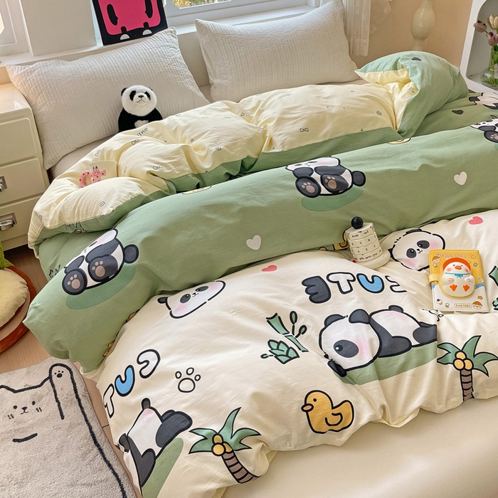 91家纺网 家纺一手货源 找家纺 依庭 2025新款全棉印花花卉款四件套单品系列-单被套 熊猫戏水