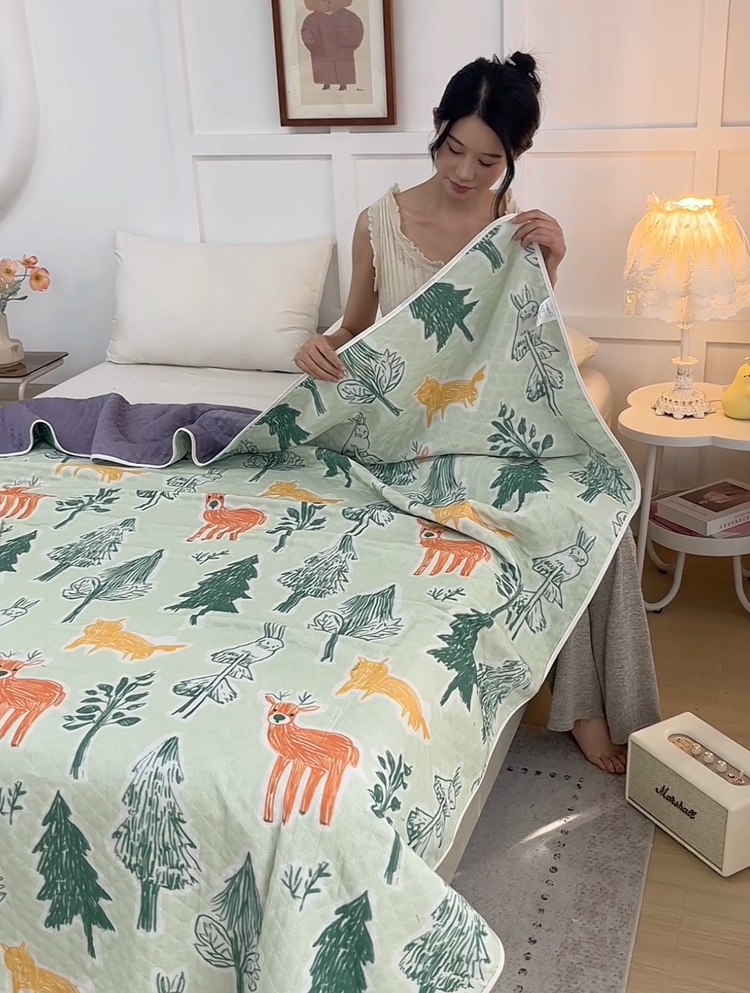 91家纺网 家纺一手货源 找家纺 乐家毛巾被（工厂自产自销） 2025新款A类全棉六层纱印花毛巾被 简笔森林