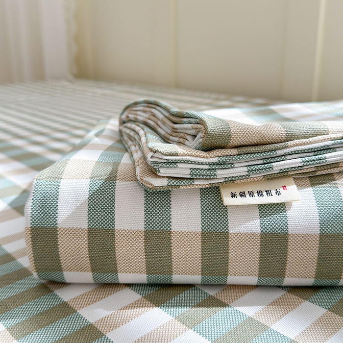 91家纺网 家纺一手货源 找家纺 吉象家纺 2025新款老粗布三件套-床单款 绿格