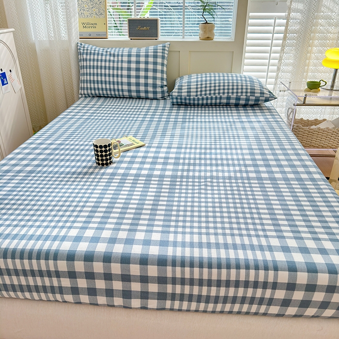 91家纺网 家纺一手货源 找家纺 2025新款老粗布三件套-床笠款 蓝格