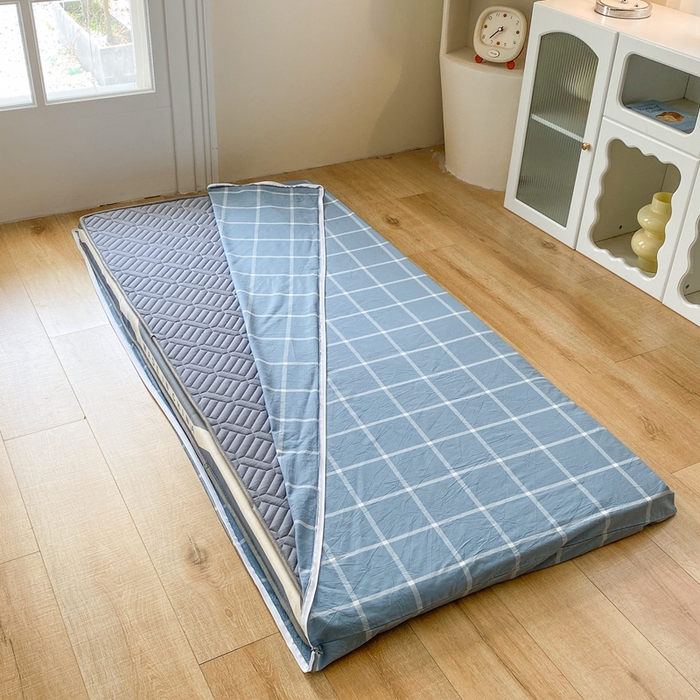 91家纺网 家纺一手货源 找家纺 凌云家纺 2025新款A类全棉水洗棉床垫套 蓝灰中格