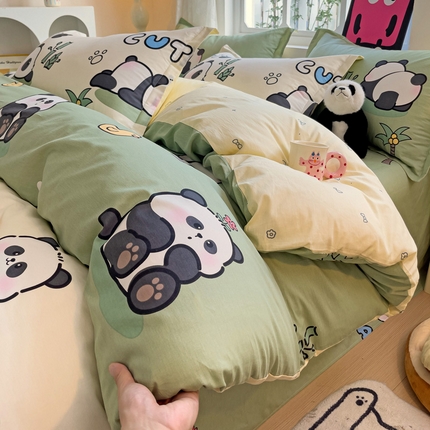依庭 2025新款全棉印花花卉款四件套单品系列-单被套 熊猫戏水