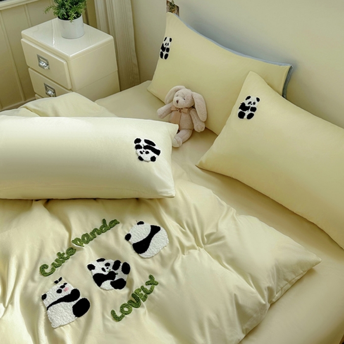 91家纺网 家纺一手货源 找家纺 易展家居 2025新款加厚水洗棉四件套-熊猫 春黄