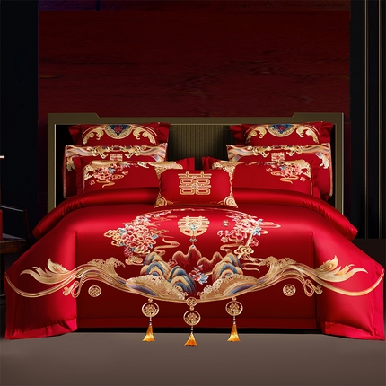 91家纺网 家纺一手货源 找家纺 （总）芊囍纺 2025新款婚庆全棉刺绣套件-喜事连绵