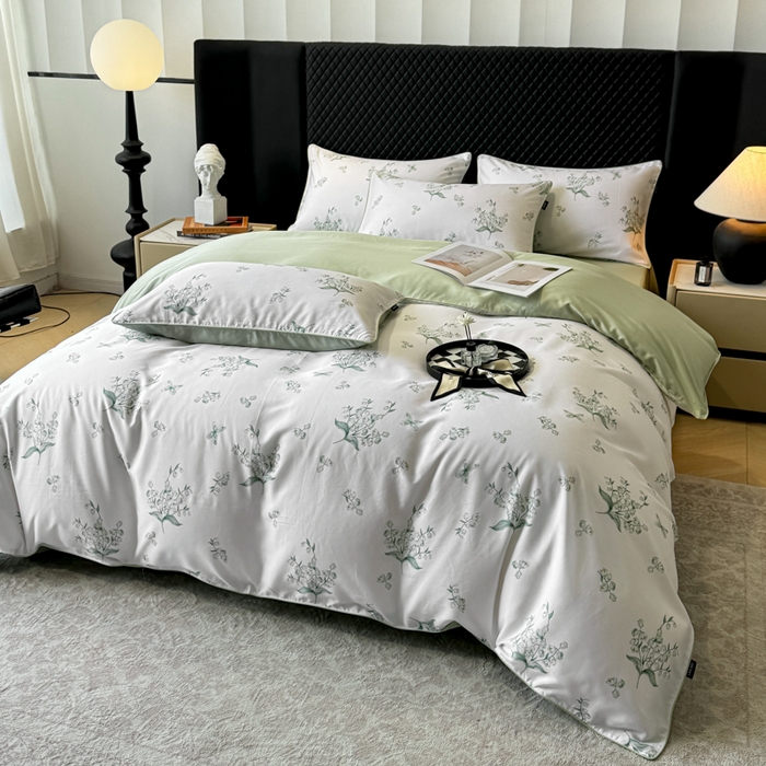 91家纺网 家纺一手货源 找家纺 芊寻家居 2025春夏新款50支莱赛尔天丝贡缎数码印花麻绳款四件套高端礼盒 铃兰花语绿